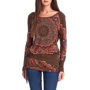 NWT DESIGUAL Top EU L~US M Brown Floral Rhinestone Art Tie-Bow-Side Long-Sleeve